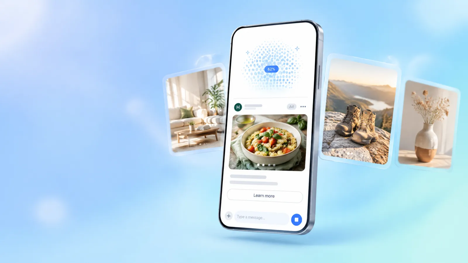 A smartphone showing an AI chat app generating an image, with a labelled visual ad card beneath the generation progress indicator and floating photo cards suggesting an image carousel