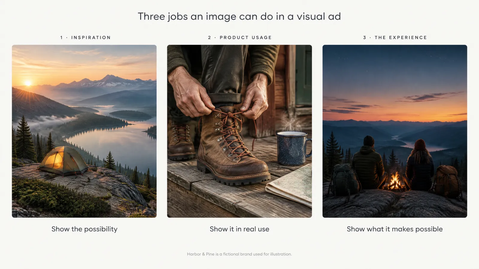 Three-panel layout for a fictional outdoor brand: a tent on a granite ledge at sunrise labelled Inspiration, hands lacing hiking boots labelled Product usage, and two friends at a campfire at dusk labelled The experience