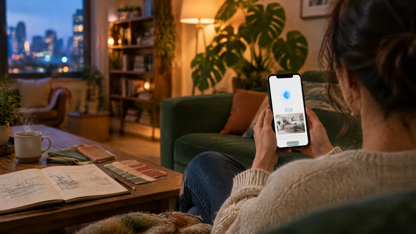 A person on a sofa holding a phone that shows an image being generated, with a coffee table of renovation sketches, paint chips and fabric swatches in the foreground