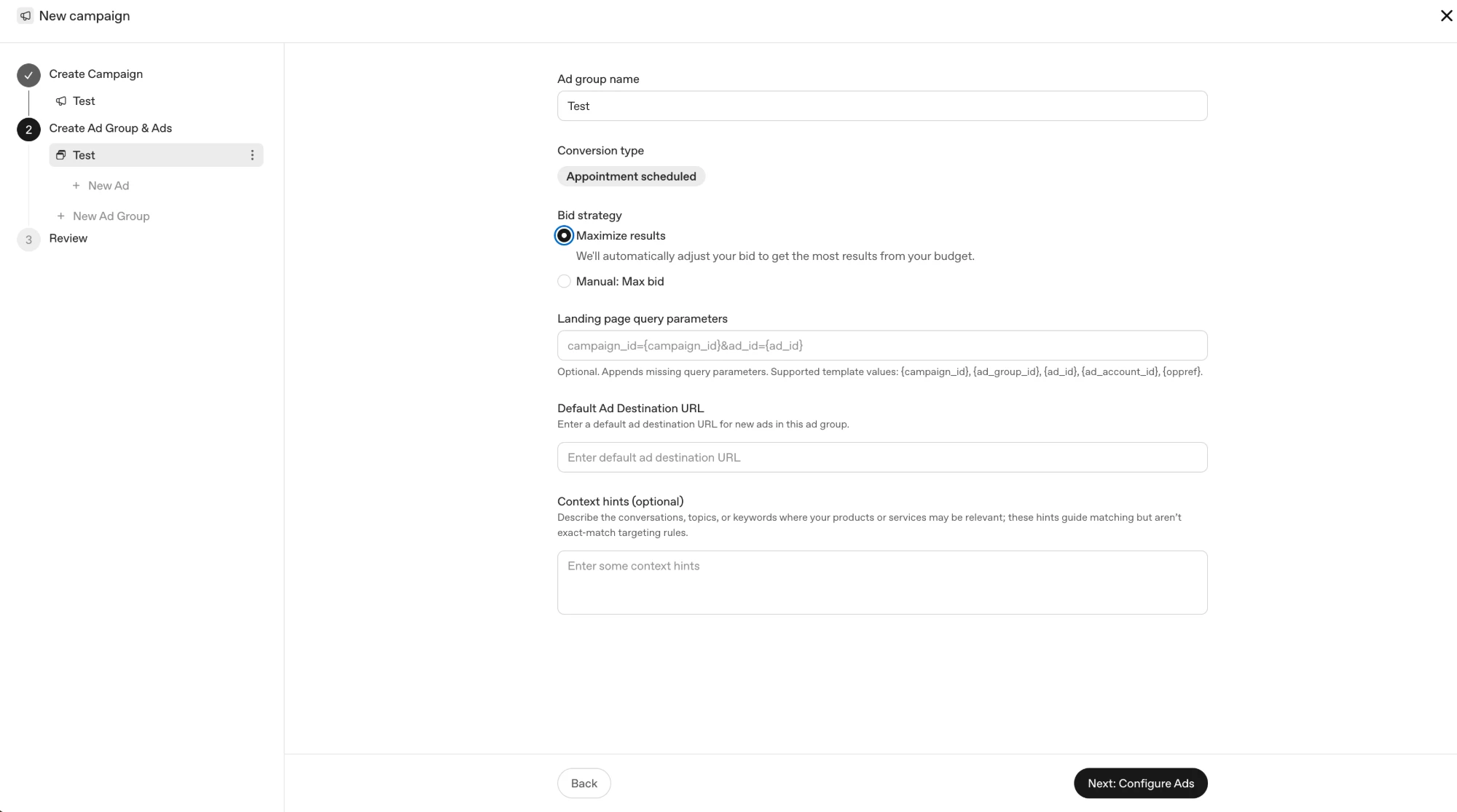 Step two of the OpenAI new campaign flow showing ad group name, a conversion type chip reading Appointment scheduled, bid strategy options for Maximize results and Manual max bid, a landing page query parameters field with supported template values, a default ad destination URL field, and an optional Context hints text area.