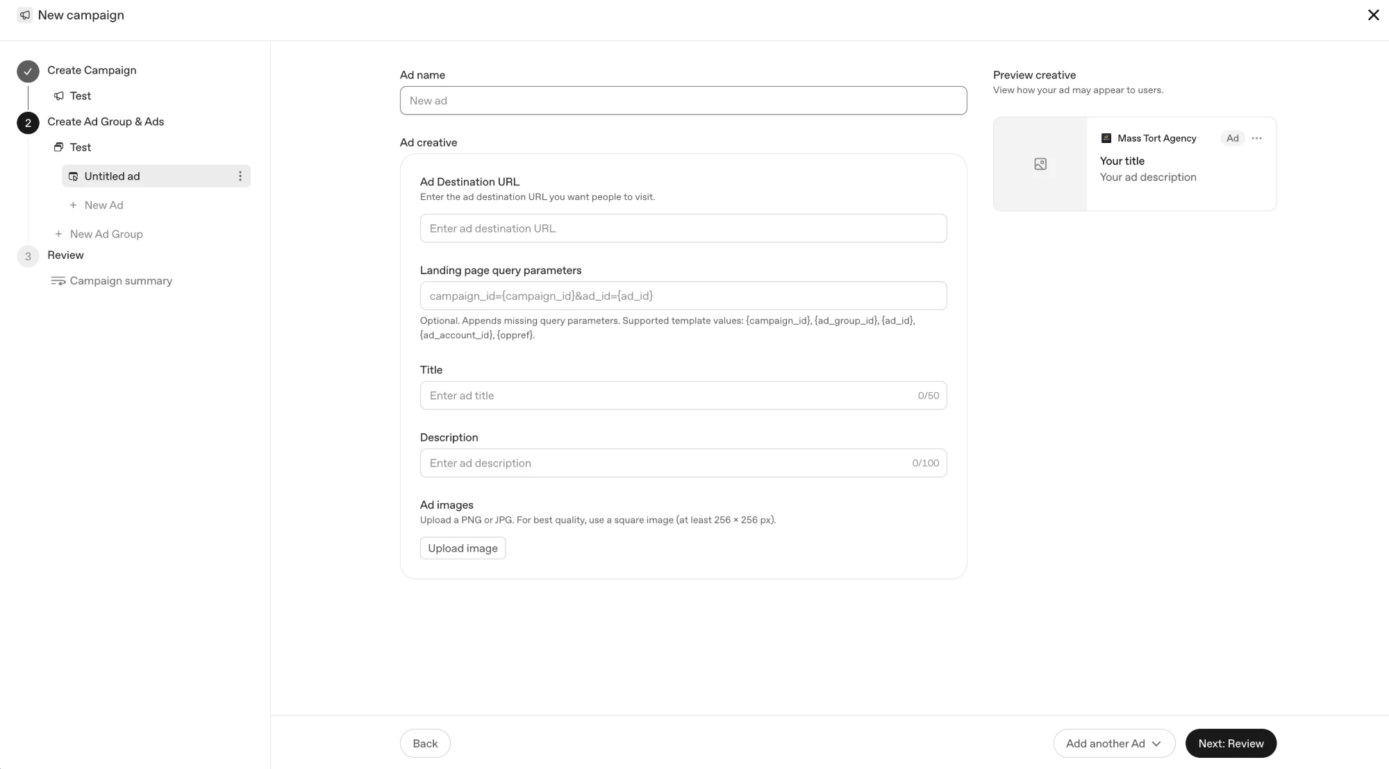 OpenAI Ads Manager ad creation screen showing the Ad creative fields — destination URL, landing page query parameters, title, description, and image upload — beside a Preview creative panel rendering the ad card with advertiser favicon, advertiser name, an Ad label, title and description.