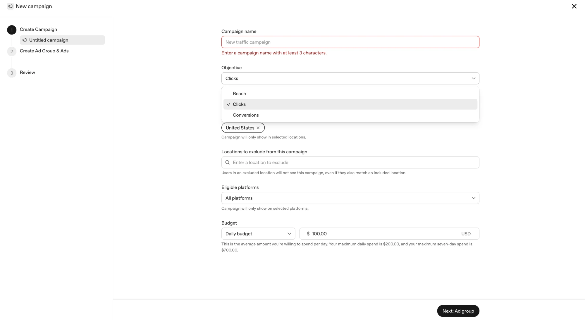 Step one of the OpenAI new campaign flow showing the campaign name field, an open Objective dropdown listing Reach, Clicks and Conversions with Clicks selected, included and excluded location fields with United States selected, an eligible platforms selector, and a daily budget of 100 US dollars.