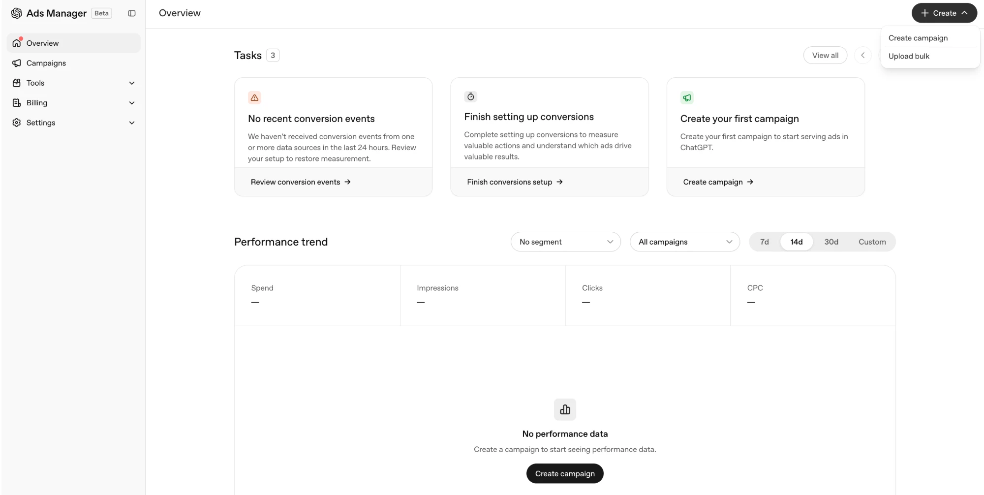 OpenAI Ads Manager Overview dashboard showing the left navigation (Overview, Campaigns, Tools, Billing, Settings), a Tasks row with three onboarding cards, a Performance trend section with Spend, Impressions, Clicks and CPC tiles, and an open Create menu offering Create campaign and Upload bulk.